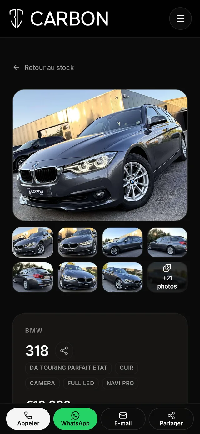 Version mobile de la fiche véhicule : galerie, badges équipements et boutons appel, WhatsApp