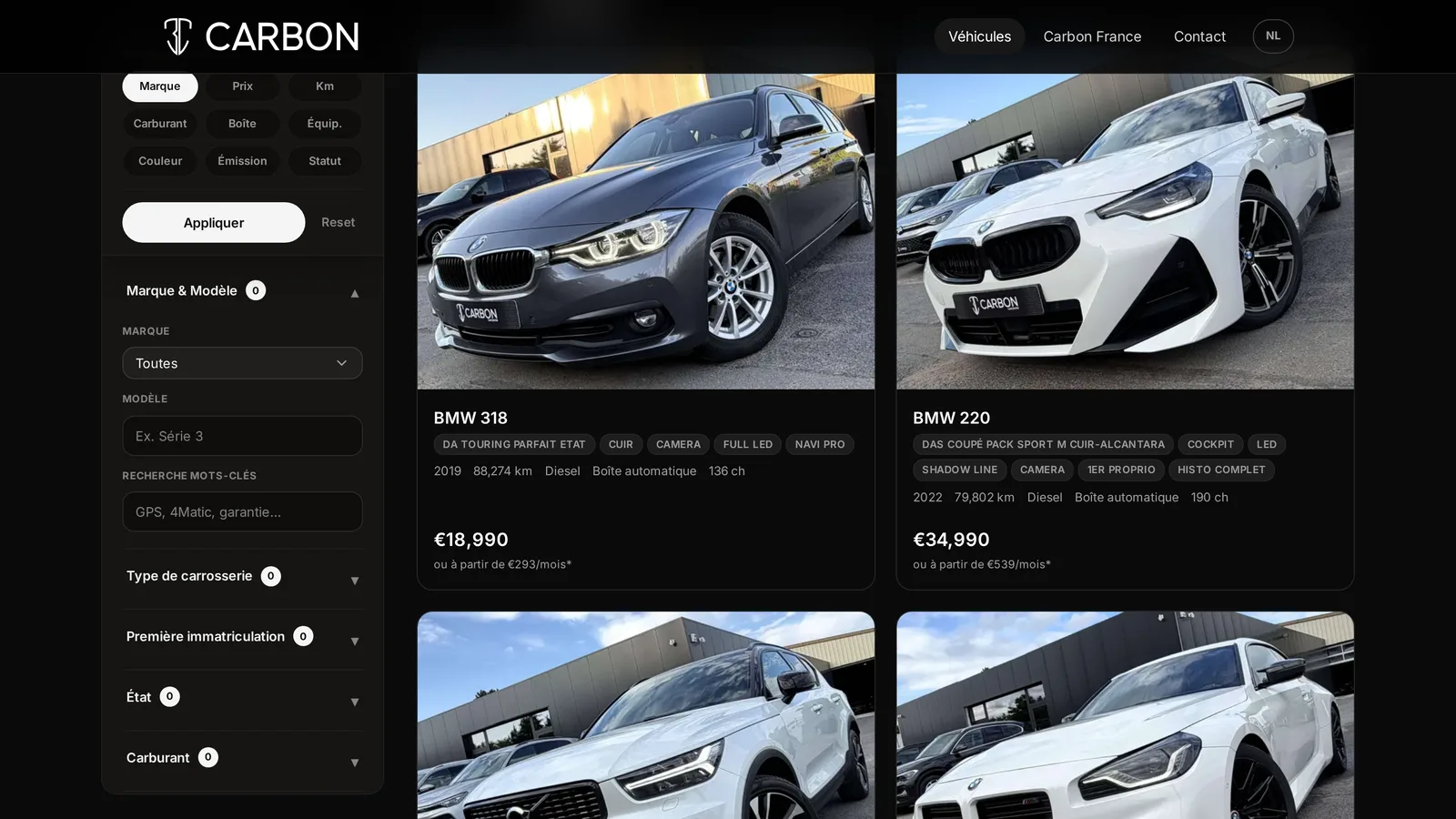 Page stock de carboncarcenter.com : grille de véhicules avec filtres, prix et mensualités