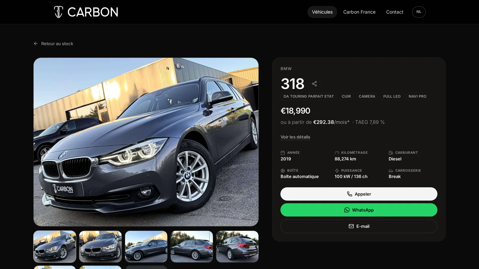 Fiche véhicule sur carboncarcenter.com : galerie photos, prix, mensualité de financement et boutons appel, WhatsApp, e-mail